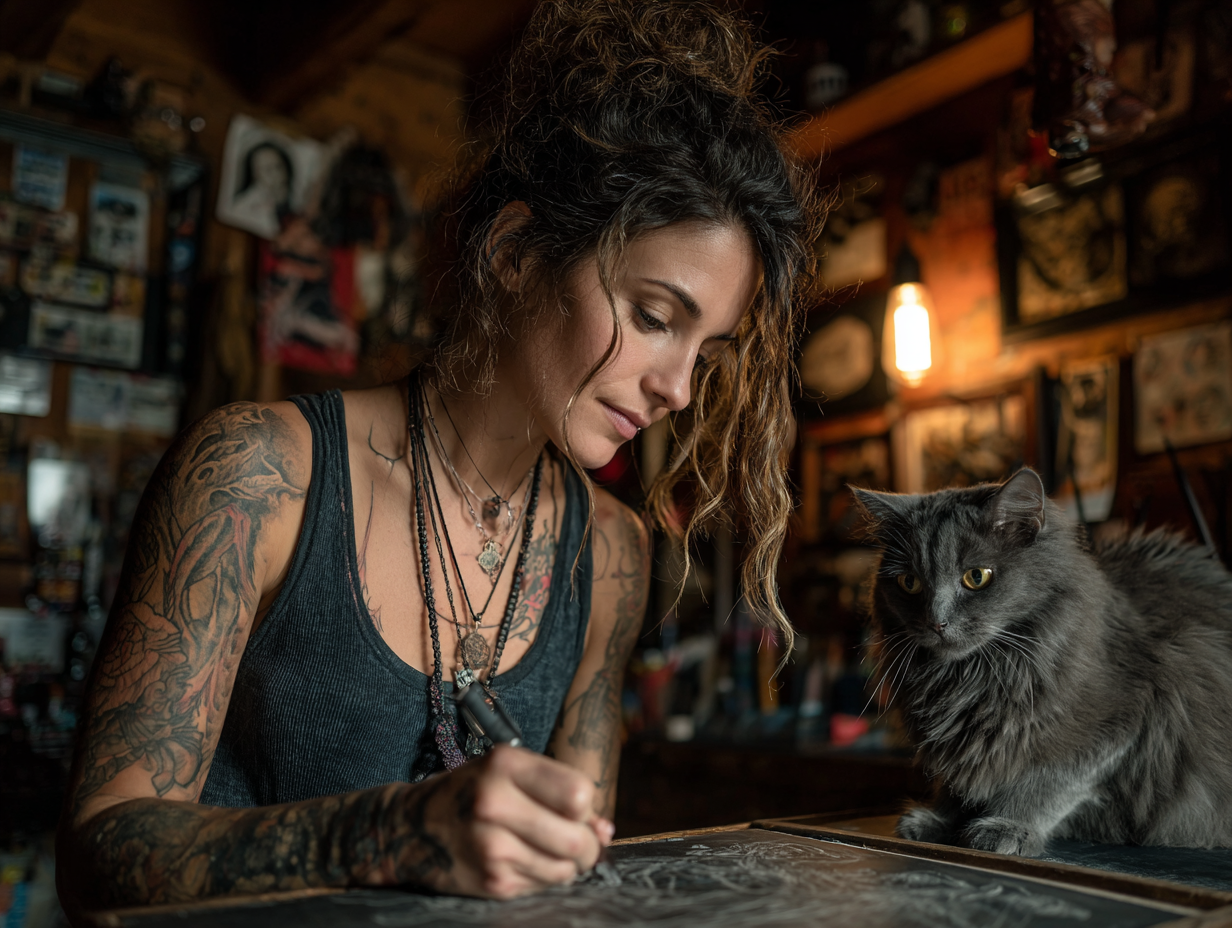 tattoo-inspiration-personal-story.jpg Tattooed woman creating a meaningful pet tribute in a tattoo studio